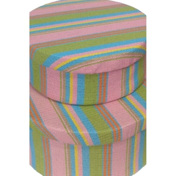 Set/ 2 Nesting Boxes Fabric Covered Round Stripe Pink Lime Aqua Yellow - Picture 9 of 13